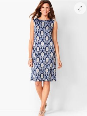 Talbots COTTON SATEEN SHIFT DRESS MEDALLION Sz 12P Petite Blue Classic